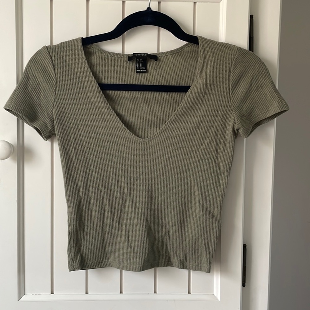 Olive Cotton Womens Short Sleeve V Neck